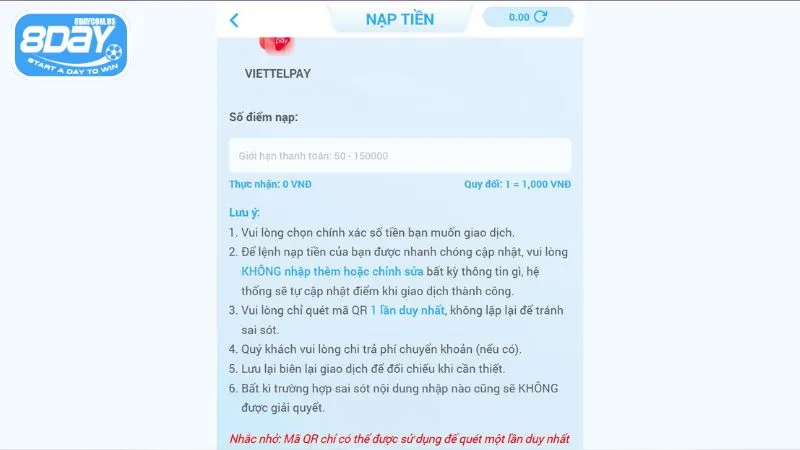 Nạp tiền 8Day siêu tốc - Hướng dẫn nạp nhanh chỉ trong 1 phút 4 Cung cấp thông tin chính xác khi nạp tiền tại 8Day