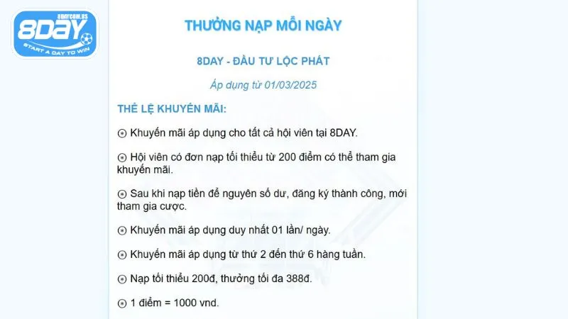 Thưởng nạp lại mỗi ngày - Cơ hội vàng cho cược thủ tại 8Day 2 Điều kiện nhận ưu đãi thưởng nạp lại mỗi ngày đơn giản